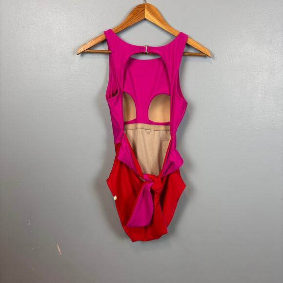 SummerSalt Color Block Lava Hibiscus Swimsuit Barbie High Neck Tie Pink Red 6 - Picture 3 of 8